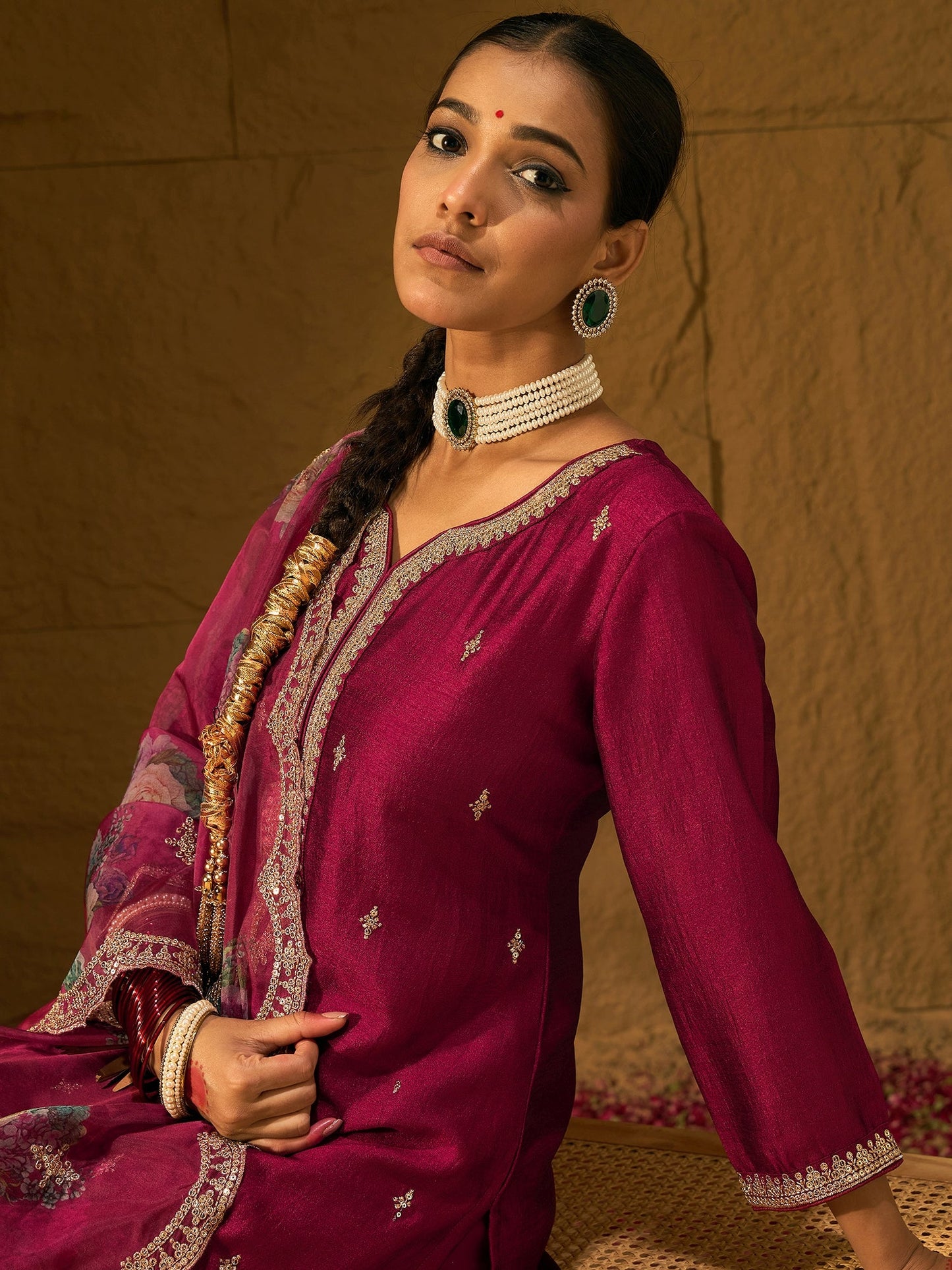 Maroon Embroidered Straight Kurta Trousers With Dupatta set