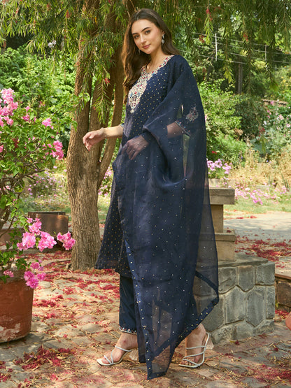 Indo Era Blue Embroidered Straight Kurta Trousers With Dupatta Set