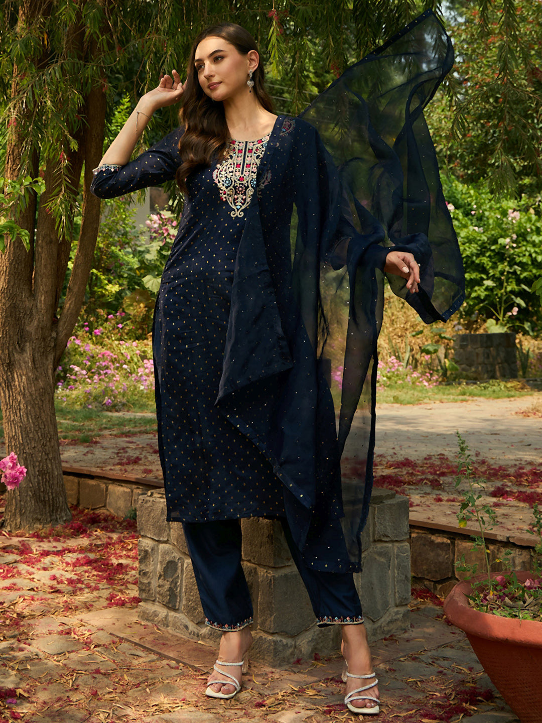 Indo Era Blue Embroidered Straight Kurta Trousers With Dupatta Set