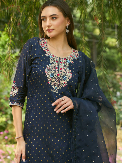 Indo Era Blue Embroidered Straight Kurta Trousers With Dupatta Set