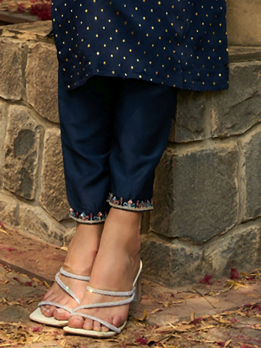Indo Era Blue Embroidered Straight Kurta Trousers With Dupatta Set