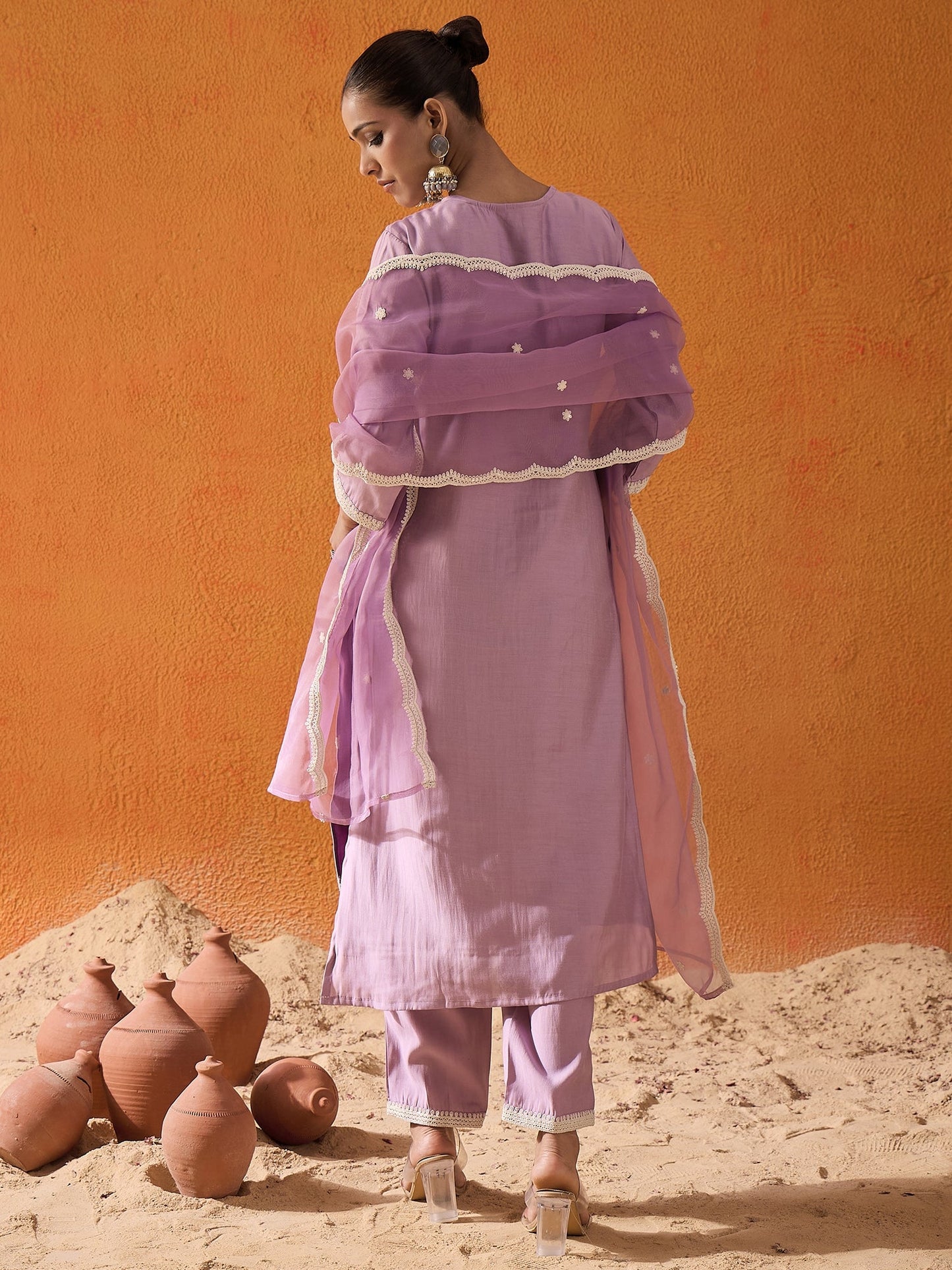 Lavender Embroidered Straight Kurta Trousers With Dupatta Set