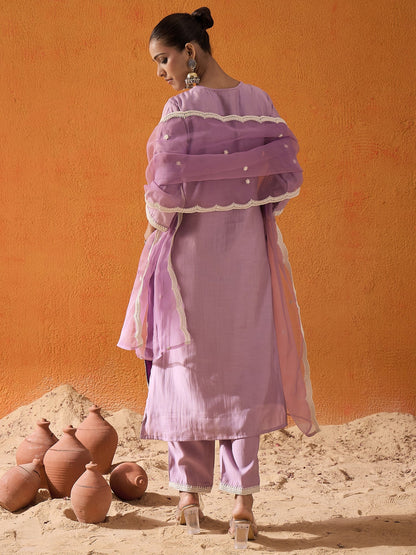 Lavender Embroidered Straight Kurta Trousers With Dupatta Set