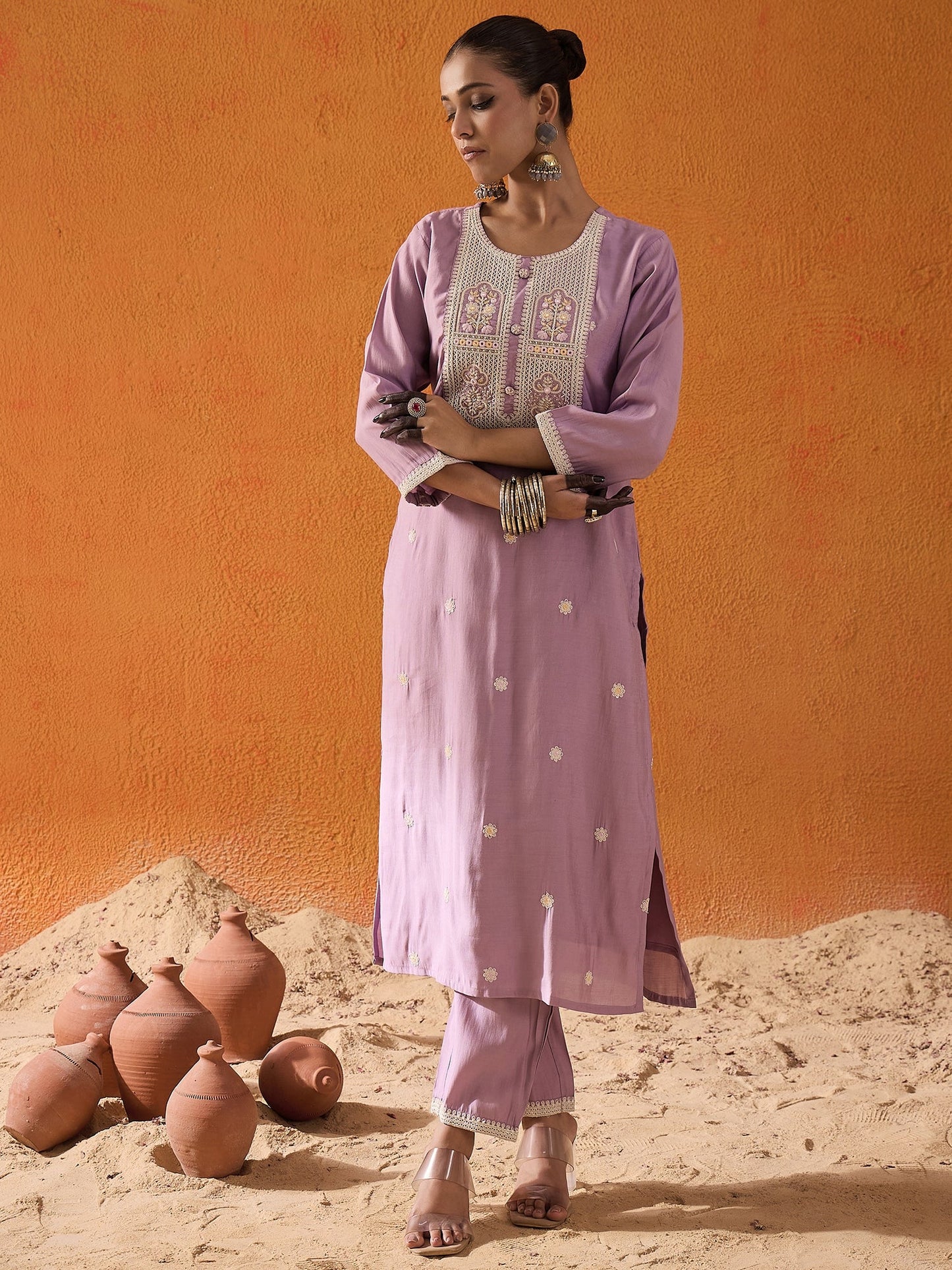 Lavender Embroidered Straight Kurta Trousers With Dupatta Set