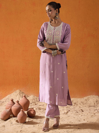 Lavender Embroidered Straight Kurta Trousers With Dupatta Set