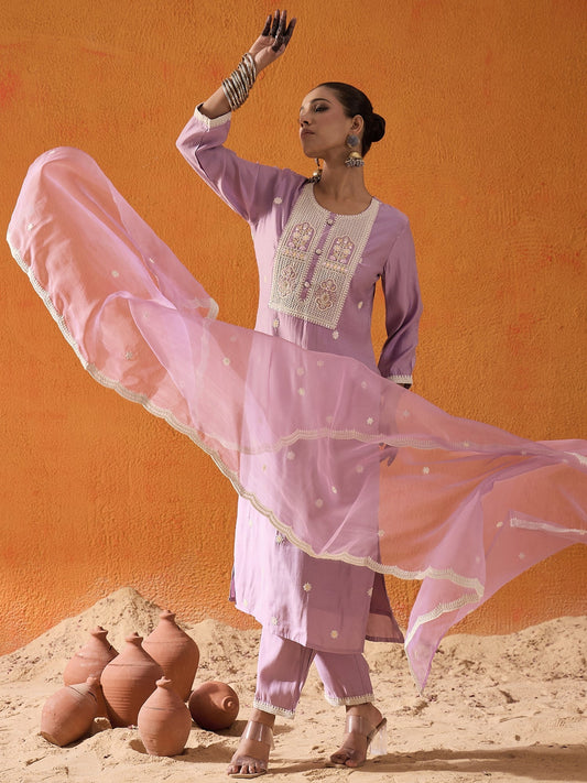 Lavender Embroidered Straight Kurta Trousers With Dupatta Set