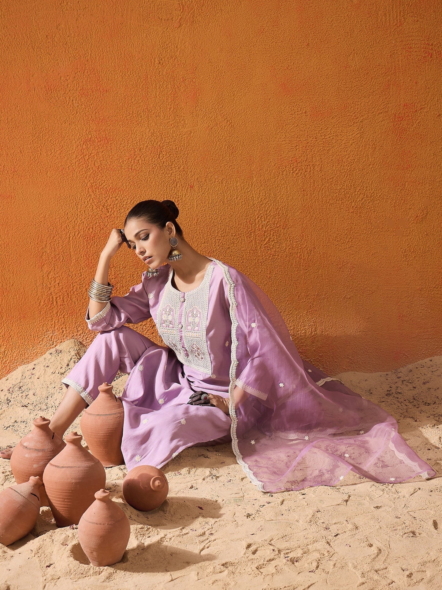 Lavender Embroidered Straight Kurta Trousers With Dupatta Set