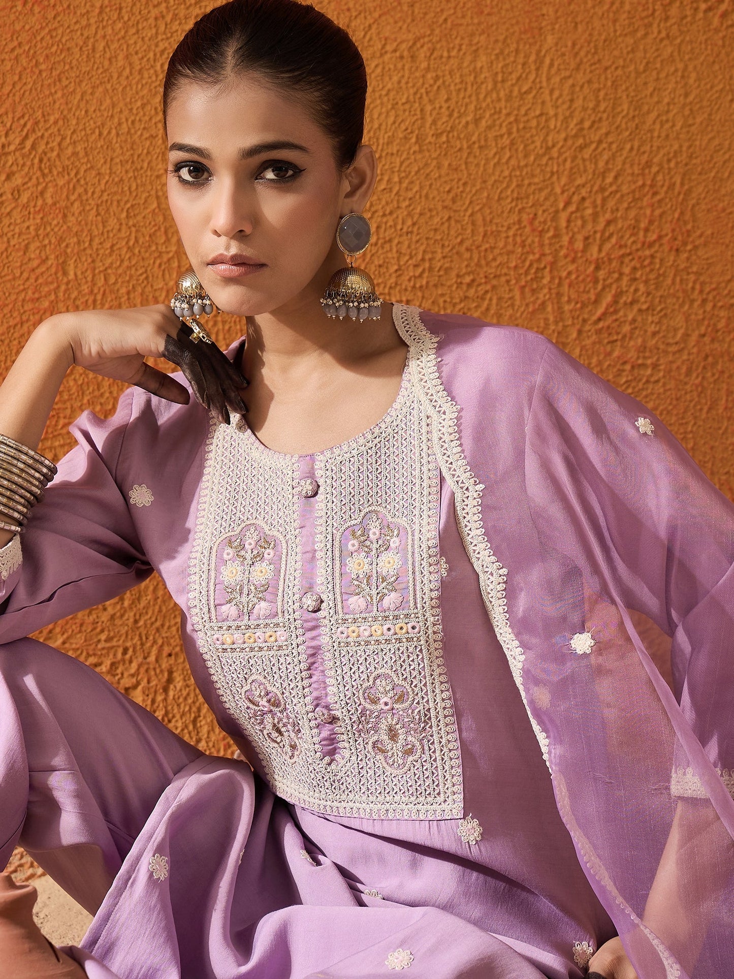 Lavender Embroidered Straight Kurta Trousers With Dupatta Set