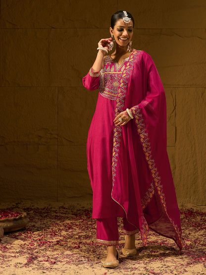 Magenta Embroidered Straight Kurta Trousers With Dupatta set