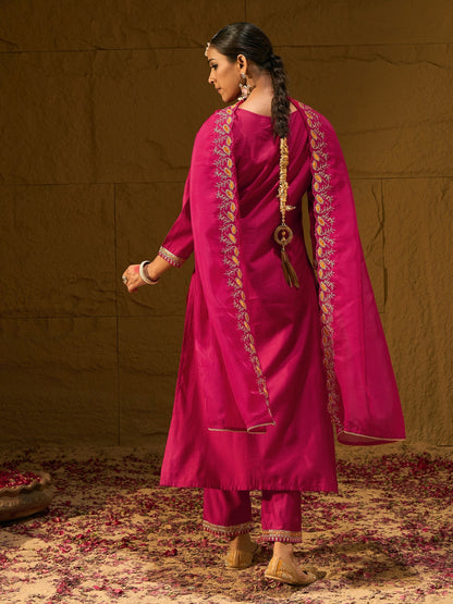 Magenta Embroidered Straight Kurta Trousers With Dupatta set