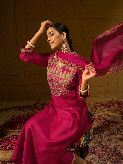 Magenta Embroidered Straight Kurta Trousers With Dupatta set