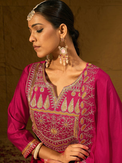Magenta Embroidered Straight Kurta Trousers With Dupatta set