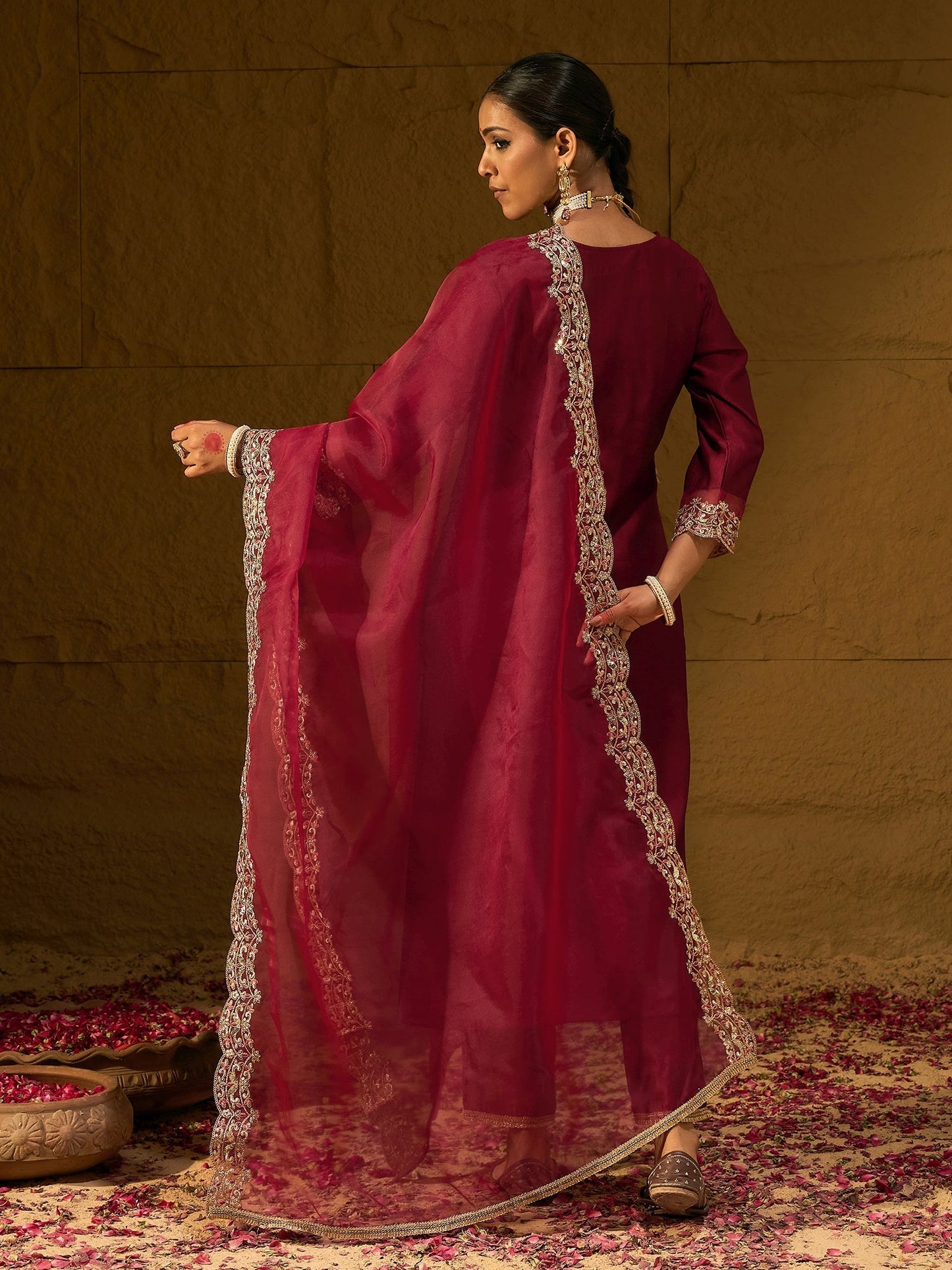 Maroon Embroidered Straight Kurta Trousers With Dupatta set