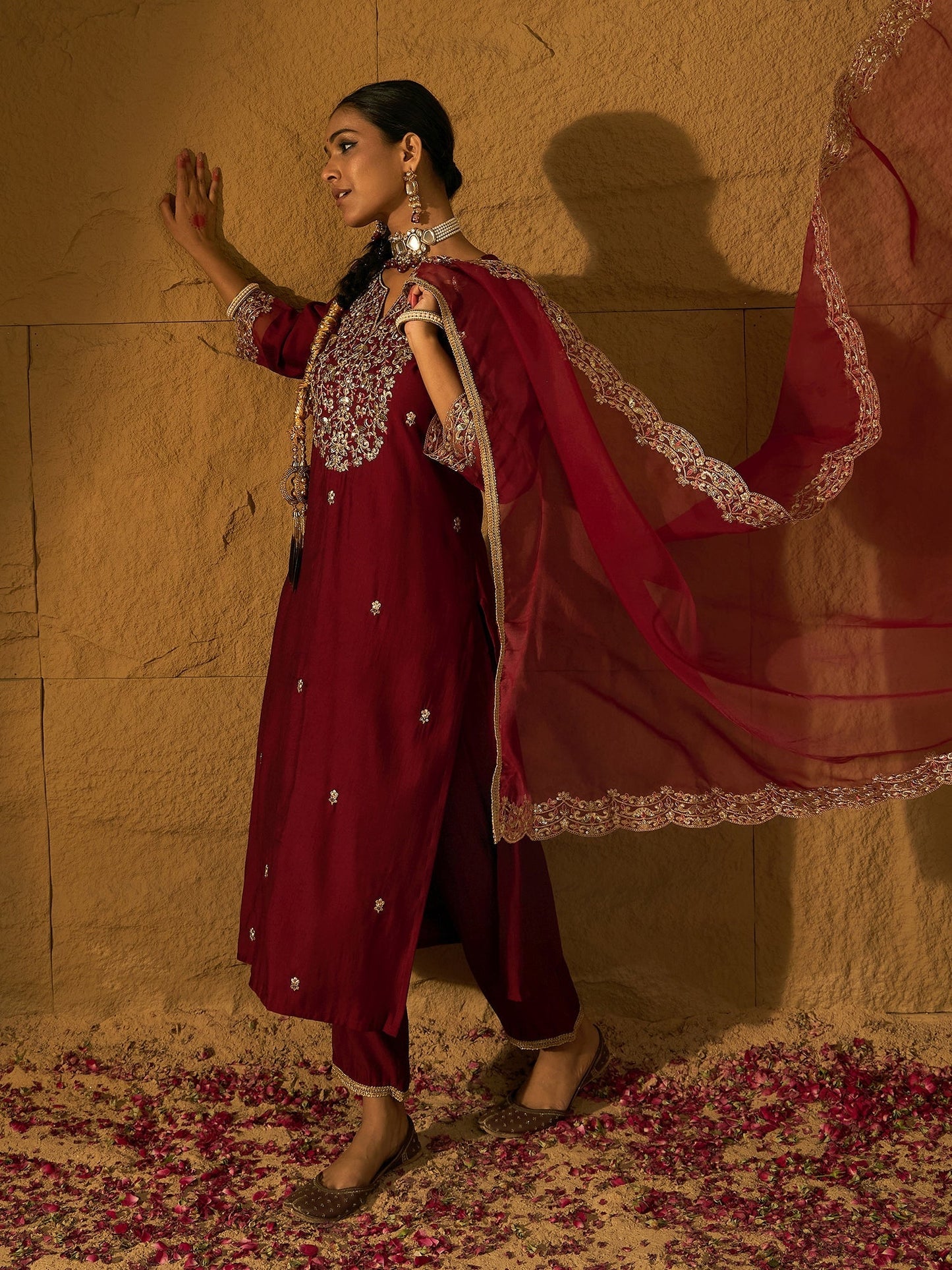 Maroon Embroidered Straight Kurta Trousers With Dupatta set