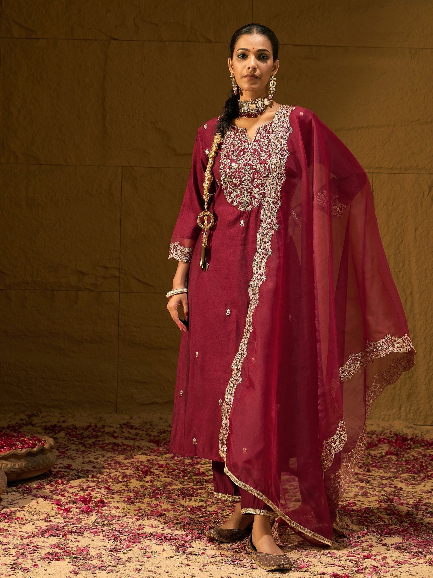 Maroon Embroidered Straight Kurta Trousers With Dupatta set
