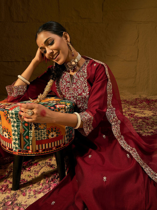 Maroon Embroidered Straight Kurta Trousers With Dupatta set