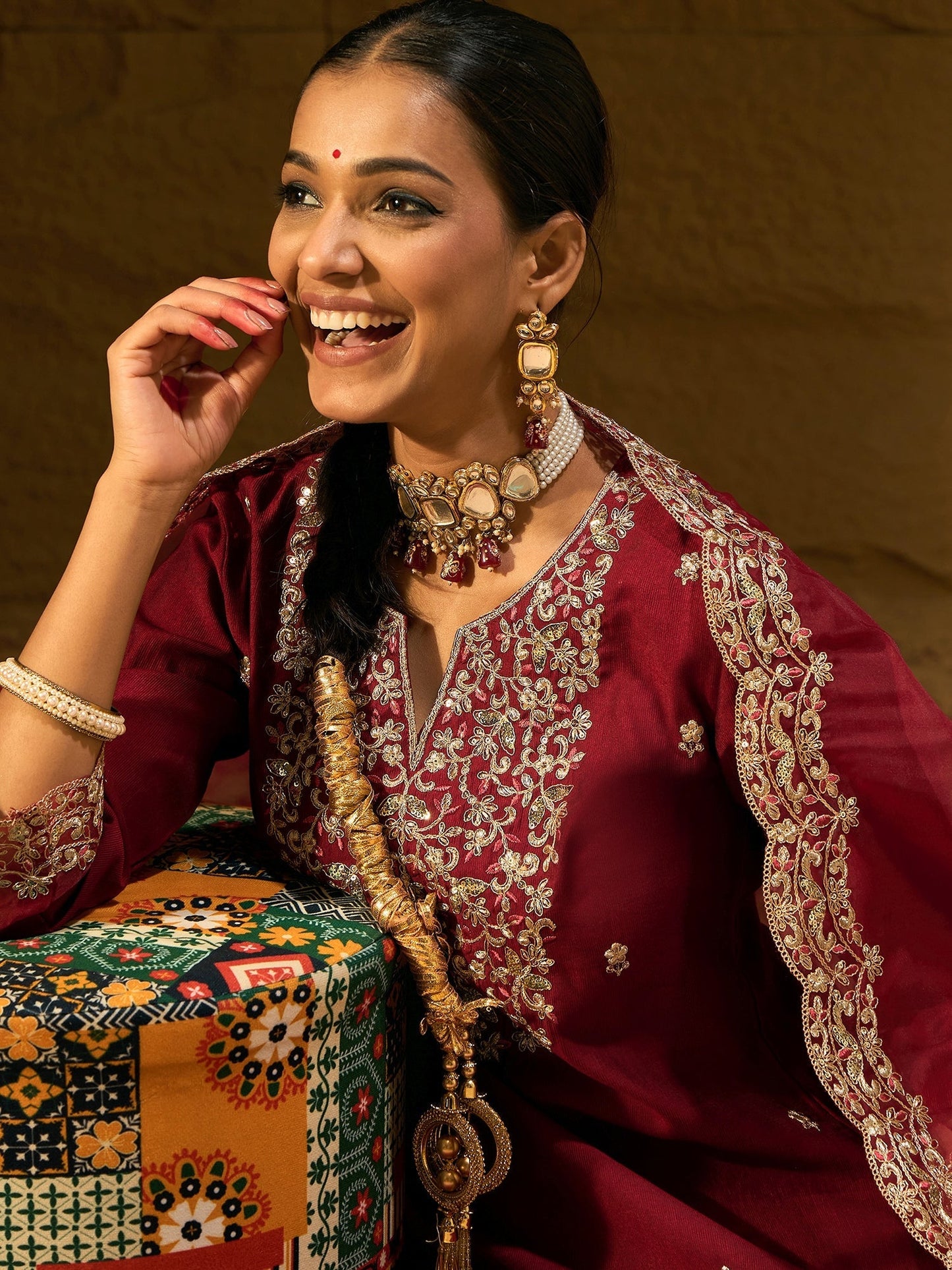 Maroon Embroidered Straight Kurta Trousers With Dupatta set