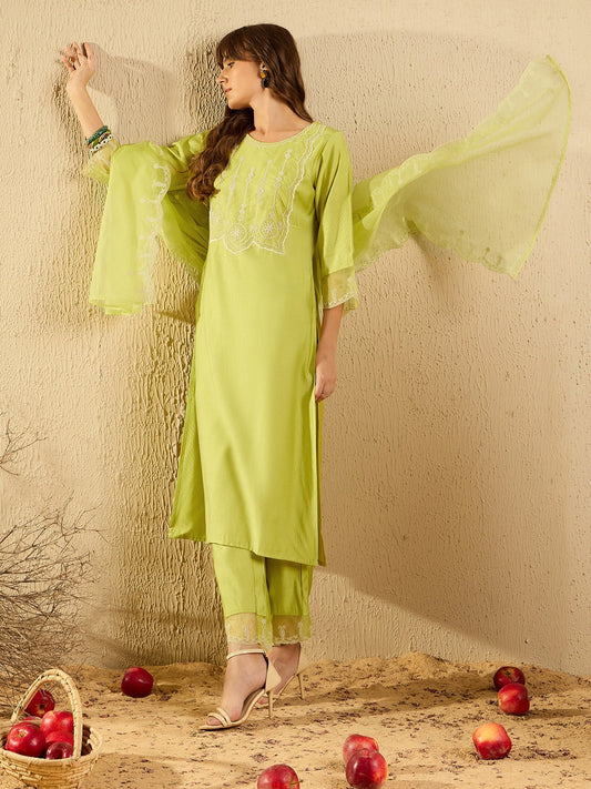Indo Era Green Embroidered Straight Kurta Trousers With Dupatta set