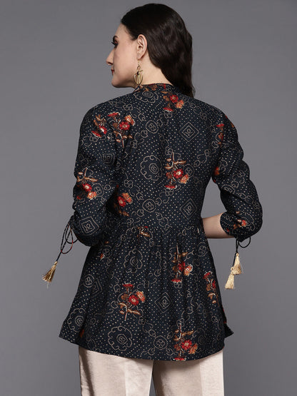 Indo Era Blue Floral Print Mandarin Collar Longline Top
