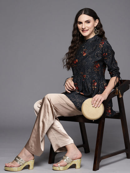 Indo Era Blue Floral Print Mandarin Collar Longline Top