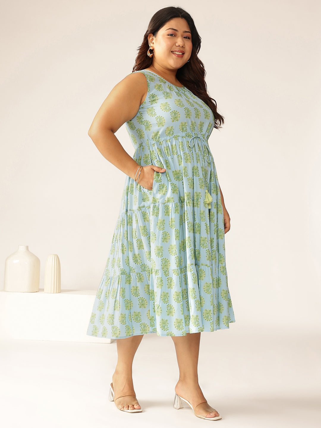 Plus Size Light Blue Pure Cotton Ethnic Motifs Printed Tiered Dress