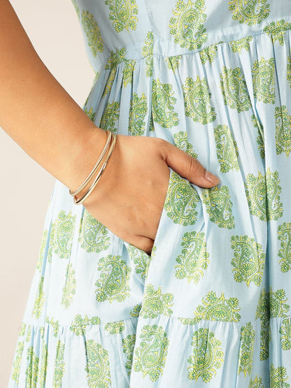 Plus Size Light Blue Pure Cotton Ethnic Motifs Printed Tiered Dress