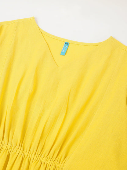 Plus Size Yellow Cotton Solid A-line Dress