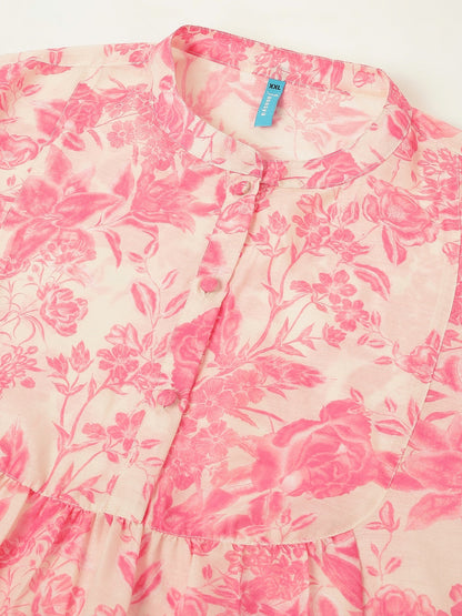 Plus Size Pink Cotton Blend Floral Printed A-line Tunic