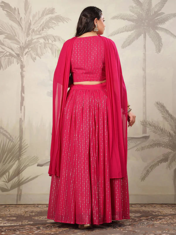 Plus Size Pink Georgette Foil Printed Gathered Embellished Lehenga Choli Set
