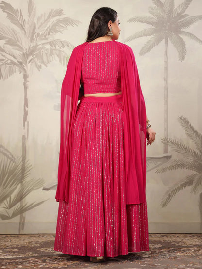 Plus Size Pink Georgette Foil Printed Gathered Embellished Lehenga Choli Set