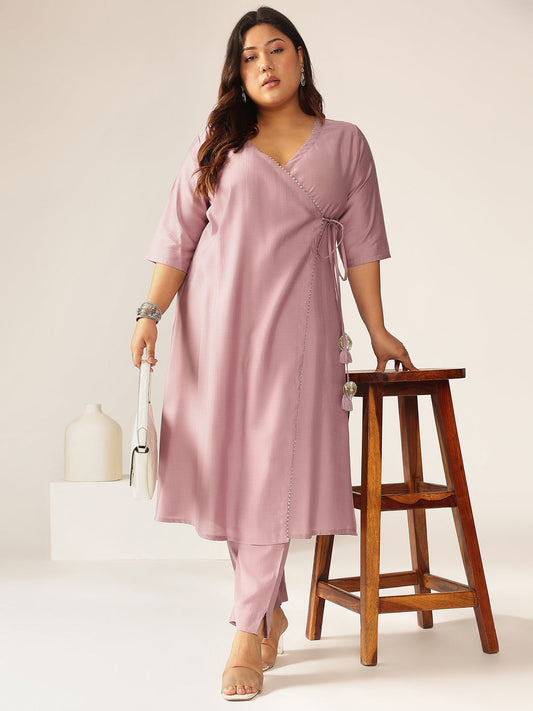 Plus Size Lavender Silk Blend Solid Angrakha Kurta Set