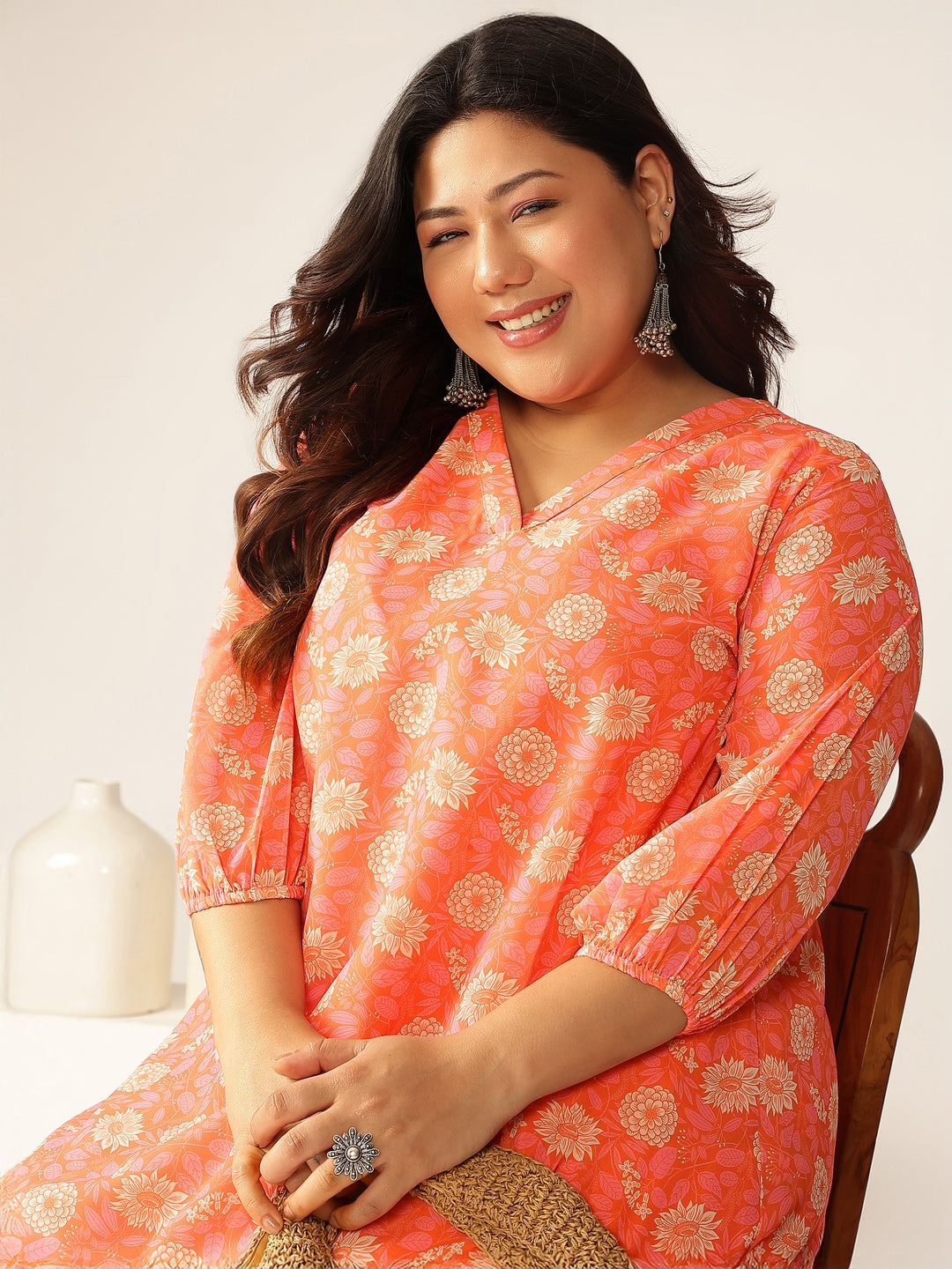 Plus Size Peach Georgette Floral Printed A-line Tunic