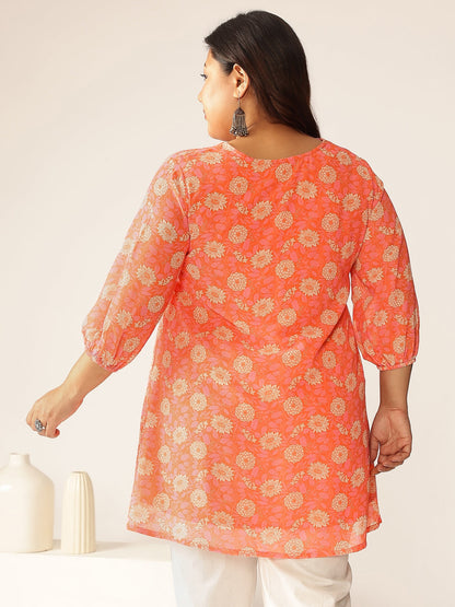 Plus Size Peach Georgette Floral Printed A-line Tunic