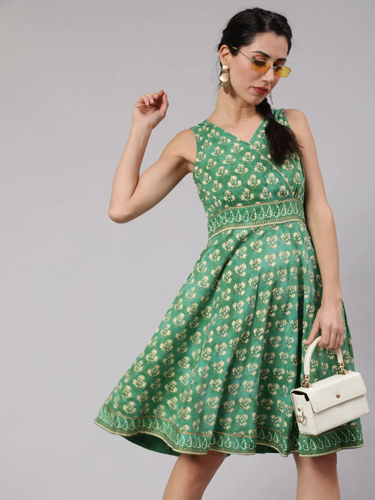 Green Tie-Dye Floral Print Shirt Dress Silae