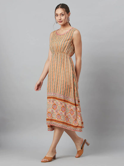 Cream Printed Flared A-Line Dress