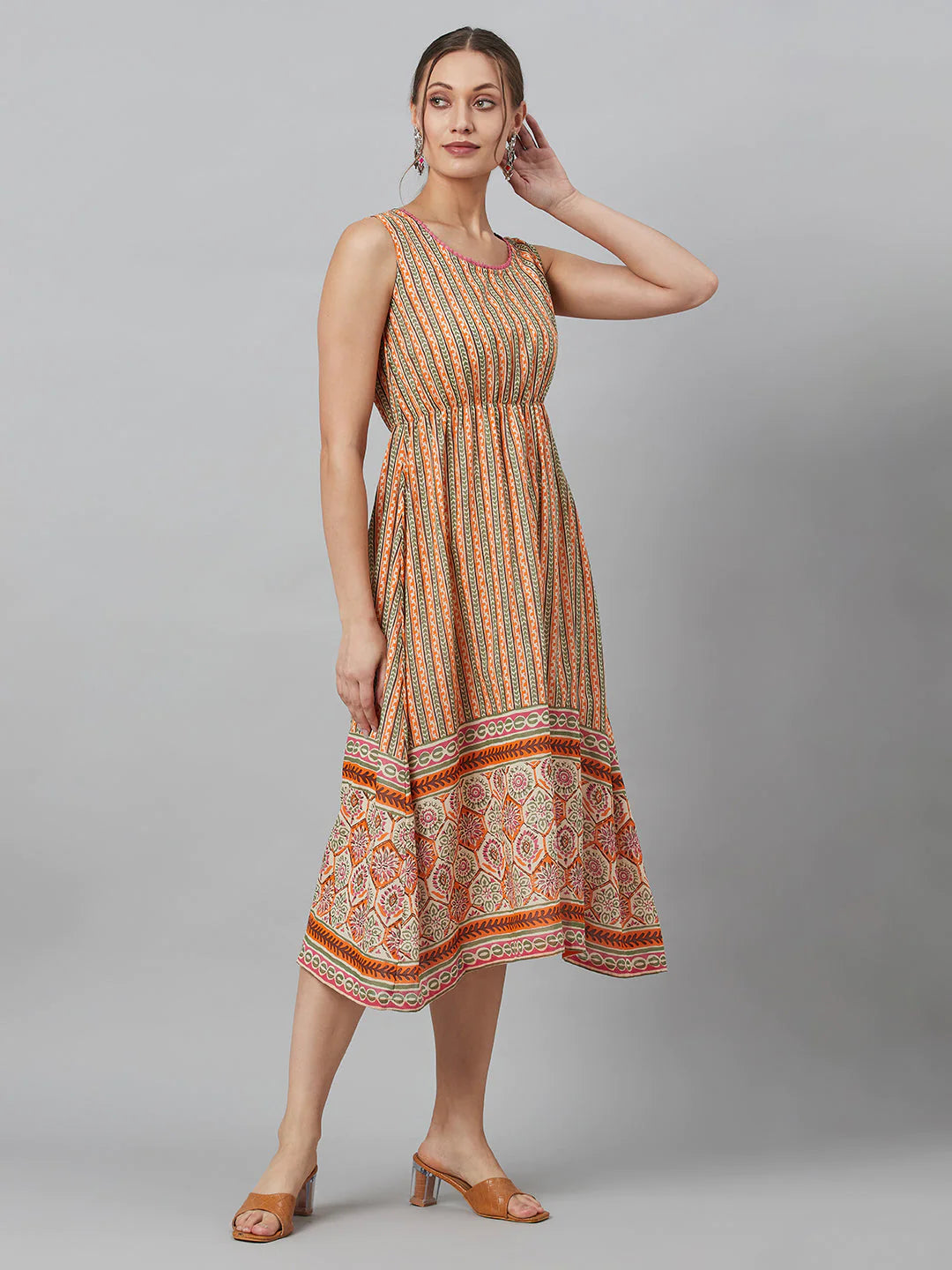 Cream Printed Flared A-Line Dress