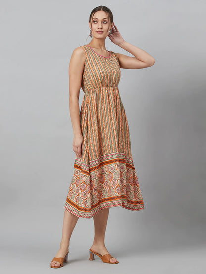 Cream Printed Flared A-Line Dress