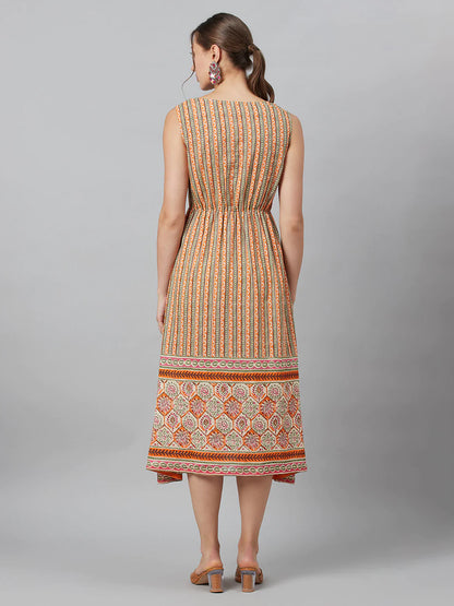 Cream Printed Flared A-Line Dress