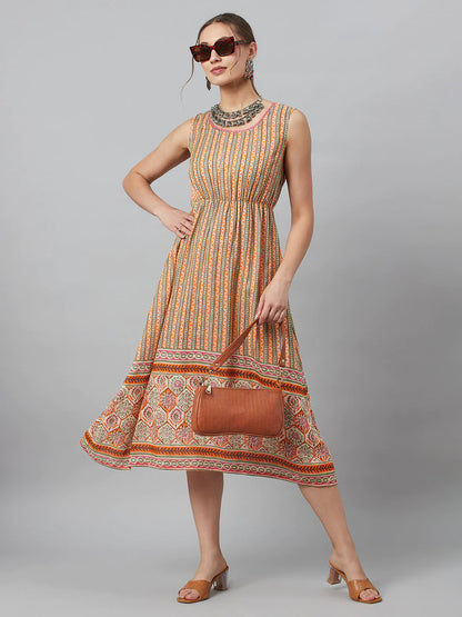 Cream Printed Flared A-Line Dress