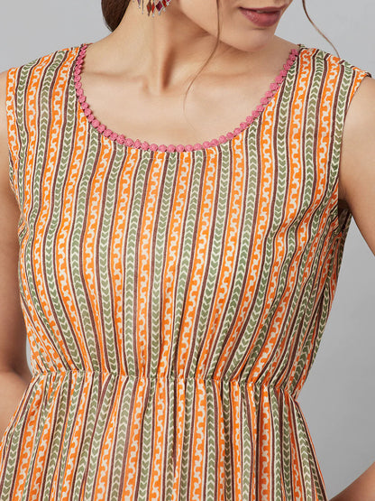 Cream Printed Flared A-Line Dress