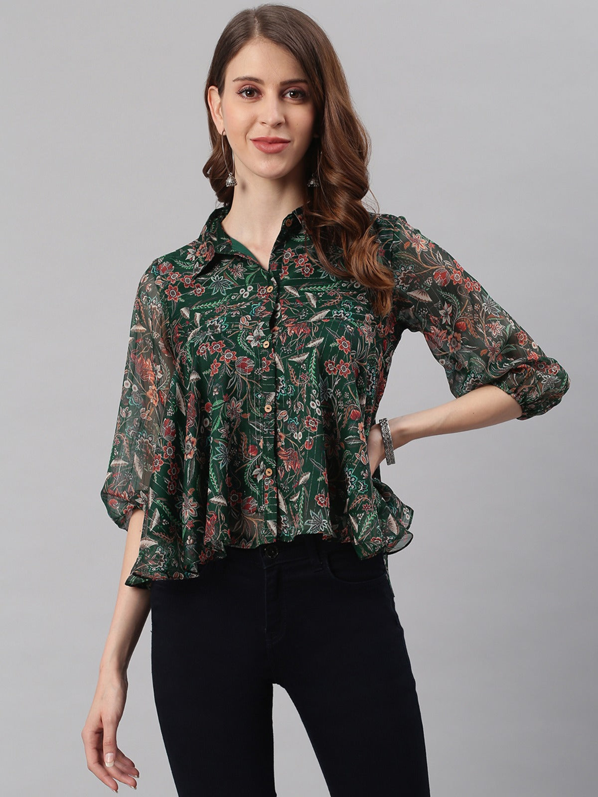 Women's Green Poly Georgette Floral Print Regular Top