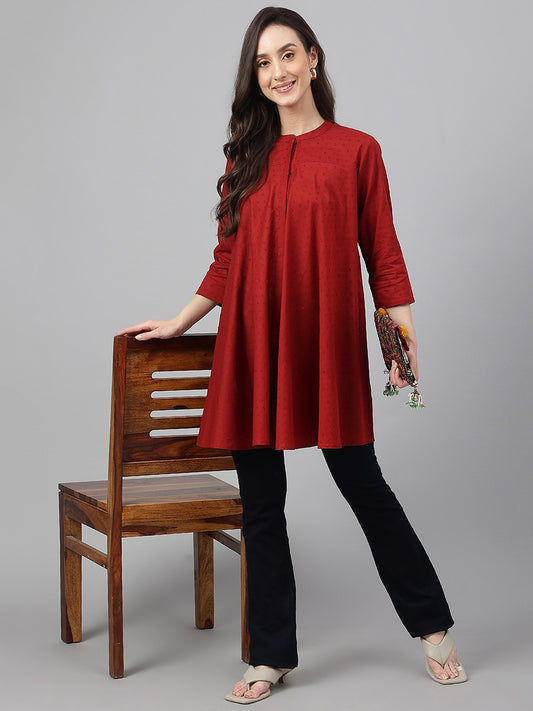 Women's Maroon Dobby Cotton Solid A-Line Tunic