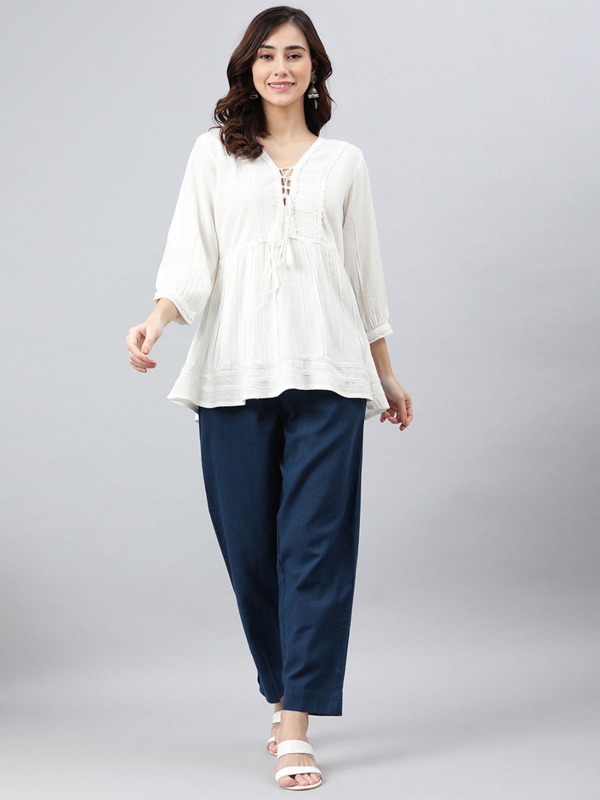 Women's White Rayon Solid Flared Top