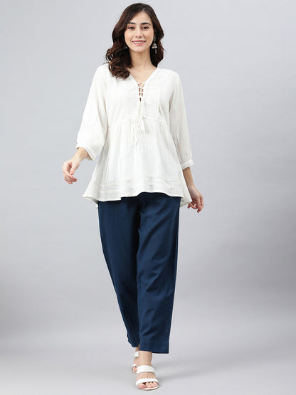 Women's White Rayon Solid Flared Top