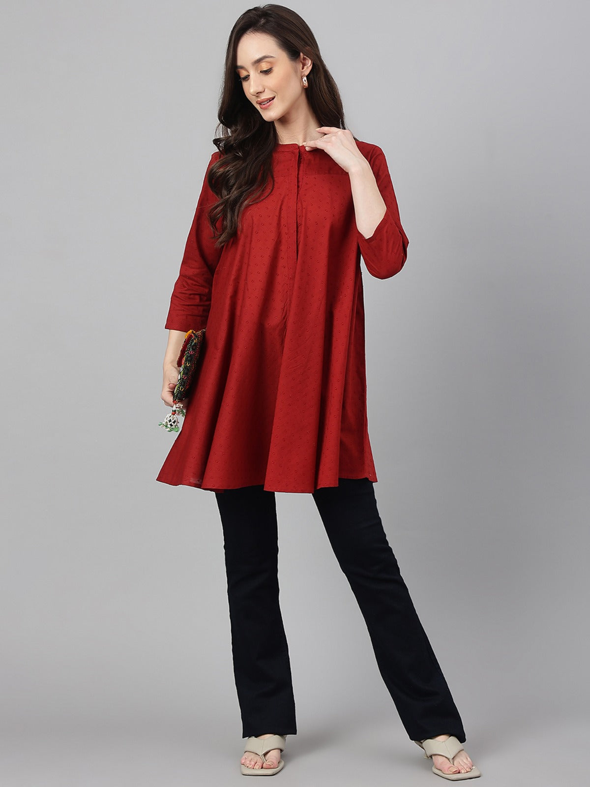 Women's Maroon Dobby Cotton Solid A-Line Tunic