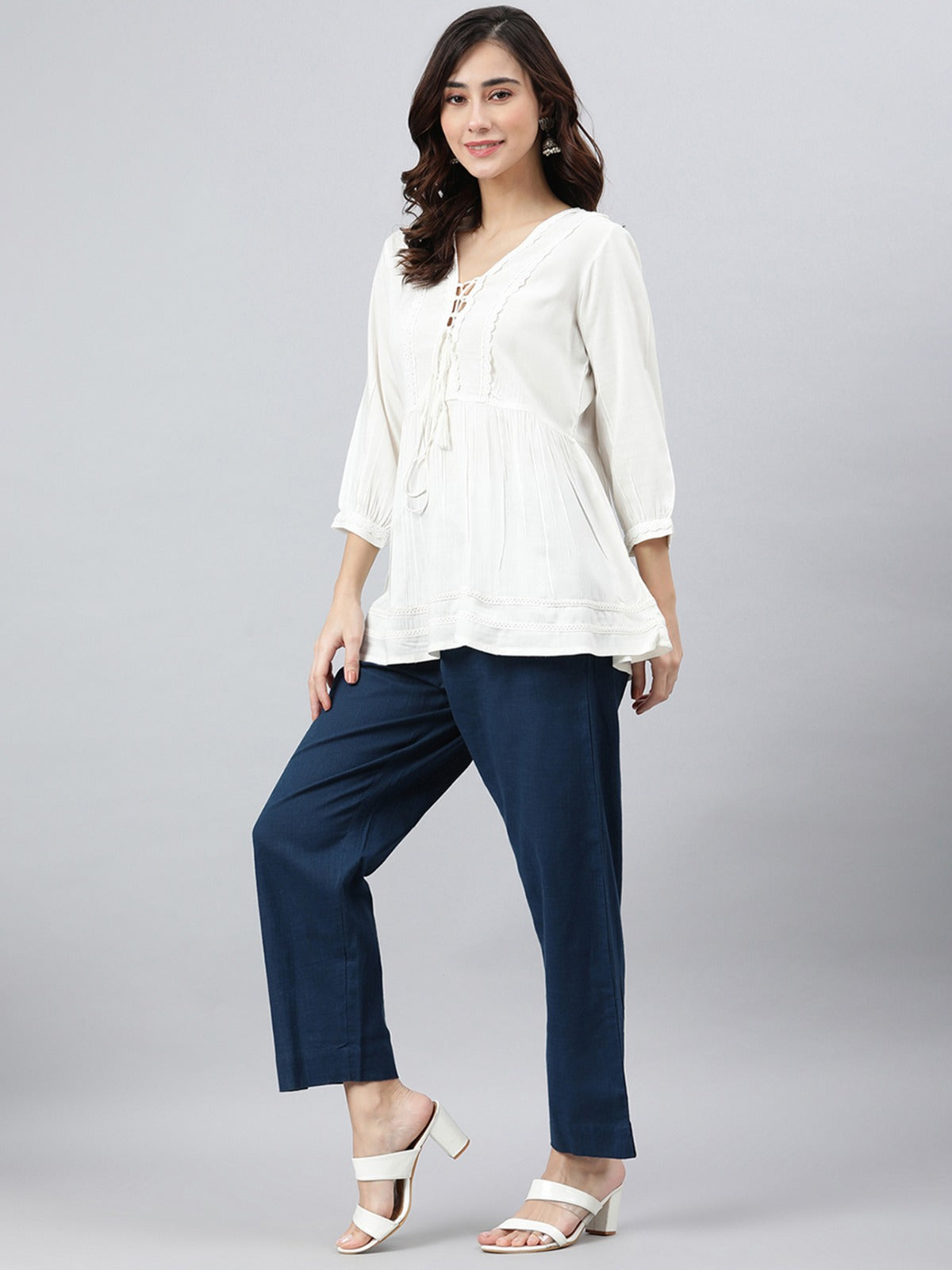 Women's White Rayon Solid Flared Top