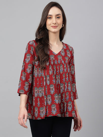 Women's Maroon Cotton Floral Block Print Flared Top