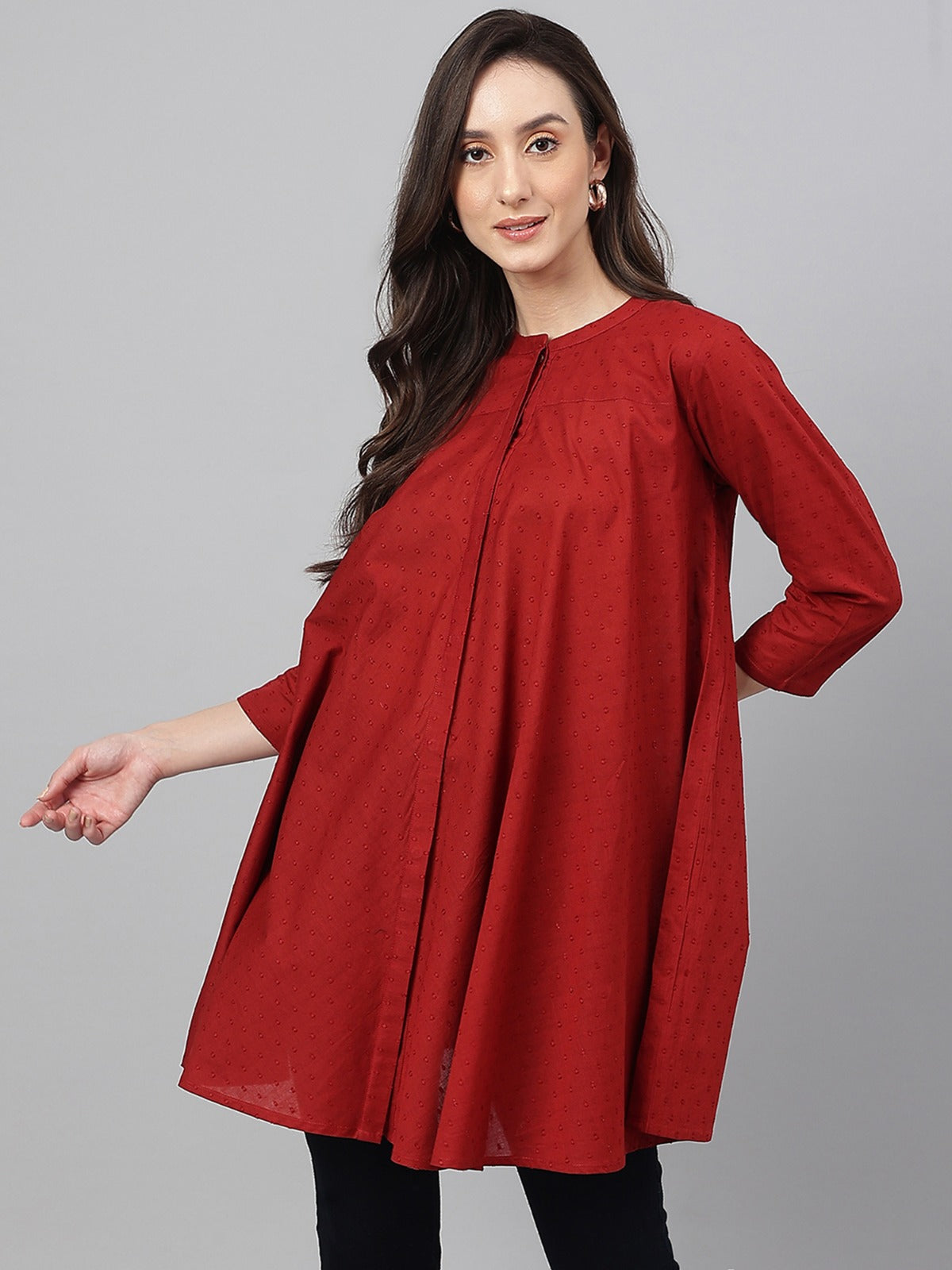 Women's Maroon Dobby Cotton Solid A-Line Tunic