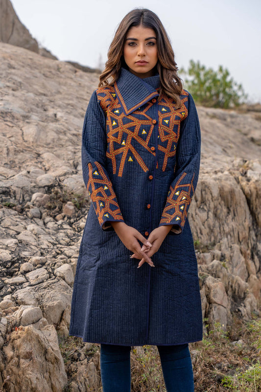 Denim Embroidered Quilted Bukhara Coat Silae