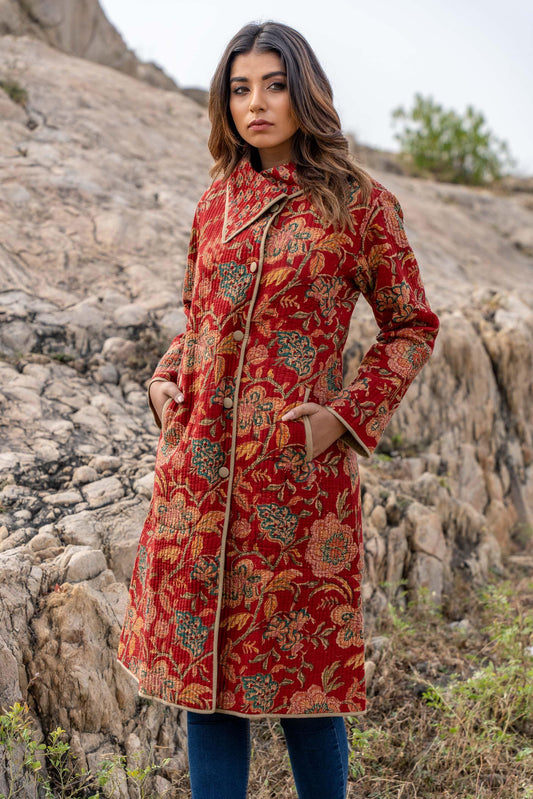 Red Floral Block Printed Quilted Bukhara Coat